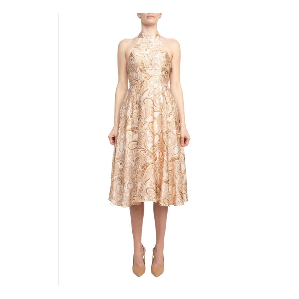 Laundry Beige‎ Satin Tie Back Halter Midi Party Dress Womens 6 Paisley Ethereal